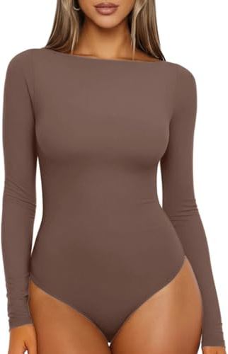 Sukiglam Body Mujer Manga Larga Cuello Barco Bodysuit Tops Básico Ajustado Elegante Leotardo Camiseta Casual Jumpsuit Tops Otoño Invierno Suave Sin Costuras Combinar Interior
