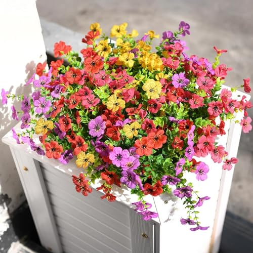 HNNFMY Artificial Flowers Outdoor for Garden Decoration, 12 Bundles UV Resistant Fake Flowers Daisy with Eucalyptus Leaves Silk Flower Greenery Boxwood for Porch Patio (Mix Pink Red Purple Yellow)