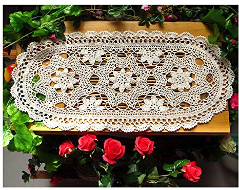 Laivigo handgefertigt Crochet Spitze oval Lucky Blume Tischdecke Tischläufer Deckchen Spitzendeckchen, 30,5 x 61 cm Shabby Chic beige