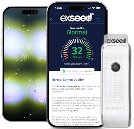 ExSeed Health - Test dello Sperma a Casa - 5 test - Uso dello smartphone (programma in-app) - Kit per la fertilità maschile - Traccia la conta degli spermatozoi, il movimento progressivo e il volume