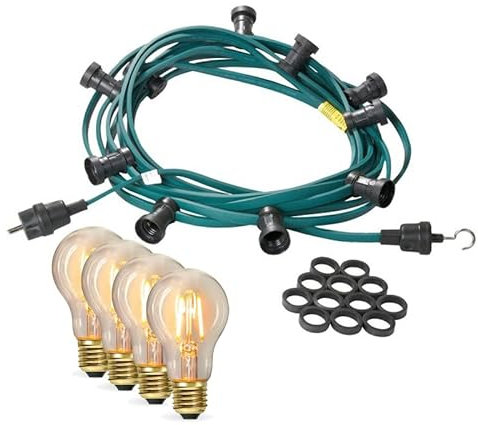 Illu-/Partylichterkette Außenlichterkette ultra-warmweißen LED Filamentlampen GERMANY (Grünes Kabel, 10m - 30 Lampen)