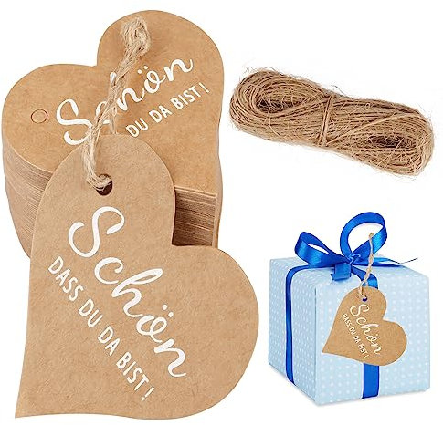 100 Stück Schön Das Du Da Bist Geschenkanhänger, Etiketten Zum Beschriften mit 20M Schnur, Schön Dass Du Da Bist Anhänger, Geschenkanhänger Kraftpapier fur Gastgeschenke Hochzeit Geburtstag - Herz