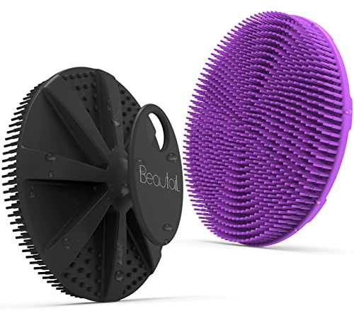 BEAUTAIL Silicone Body Scrubber, Gentle Exfoliating Shower Brush for Body | Hygienic Silicone Loofah, Easy-Grip Handle, Soft Bath Essential for Sensitive Skin, Women, Men & Kids, 2 Pack, Black+Purple