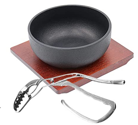 ZALTAS Bibimbap Pentola Speciale in Ghisa 15cm17cm19cm con Speciale Telaio in Legno E Morsetto Supporto Scodella Commerciale Riscaldamento Elettromagnetico può Essere Risca black-15cm