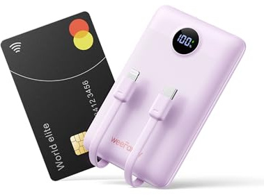 WeeFancy Mini Cargador Portátil para iPhone 10000mAh Slim PD 22.5 W de Carga Rápida con Cables Integrados, Viaje Esencial USB C Batería Pequeña Compatible con iPhone y Android (Púrpura)
