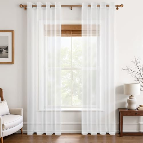 MRTREES White Voile Curtains 90 Drop Pair 2 Panels, Linen Look Long Sheer Curtains for Bedroom and Living Room 55x90 Inch Drop 140cm x 228cm White