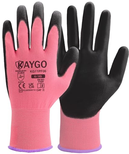KAYGO 12 paires de gants de travail pour hommes et femmes, gants de protection enduits de PU, poignée antidérapante sur les paumes et les doigts, adaptés aux travaux généraux (Rose, taille 6)