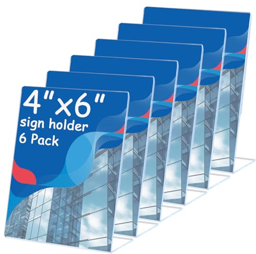 Ayuanb 6 Pcs Acrylic Sign Holder 4 x 6 Inch, Plastic Picture Flyer Holder Vertical Slanted Back L Shape Display Stand Acrylic Picture Frame, Table Signs Holder for Business, Office, Restaurant