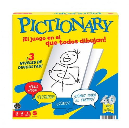 Mattel Games Pictionary Juego de mesa familiar para niños y niñas, adultos y noches de juego, para dos equipos con rotulador de tinta borrable, pizarras y reloj de arena, Versión Español, JDY00