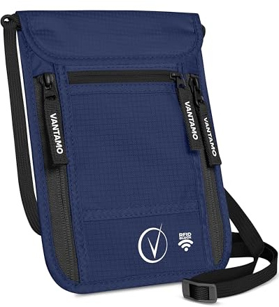 Vantamo Pochette tour de cou pour hommes et femmes - Sac pour passeport - Pochette avec protection RFID - Sac de sécurité adapté pour passeport avec housse, Bleu foncé