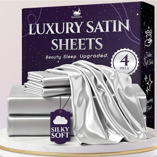 SLEEP SANCTUARY Satin Sheets King Size – 4 Piece Luxury Silky Bed Set, Softer Than Silk, 15 Deep Pocket, Cooling & Wrinkle-Free, Moisture-Wicking & Breathable for Hair & Skin (Grey)