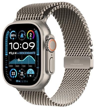 Apple Watch Ultra 2 (49 mm GPS + Cellular) Montre de Sport connectée avec Boîtier en Titane Naturel et Bracelet Milanais Titane Naturel (Medium). Suivi de l’activité, Neutre en Carbone