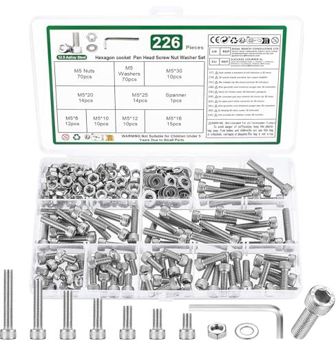 226 Pcs Vis M5 Vis et écrous Set, Boulons Vis à Tête Cylindrique à Six Pans Creux Assortiment Kit, DIN912 Vis Boulon et écrous et Rondelles Set, Boulons Vis à Tête Hexagonale avec écrous(Argent)