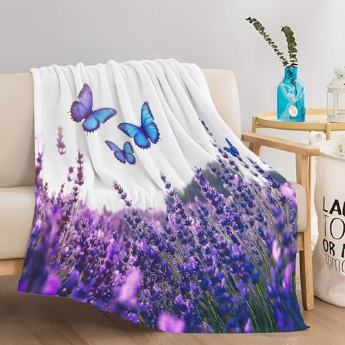 Kuscheldecke Blumen Lavendelfeld Flanell Fleecedecke Decke für Teenager Jungs Männer Weiß Lila Weich Warme Decken für Bett Couch Deko Sofaüberwurf Decke 180 x 220 cm