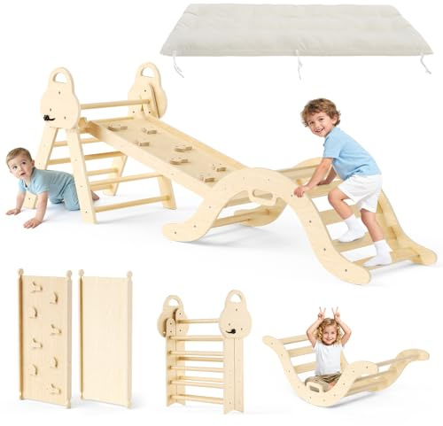 7 in 1 Wood Triangle Set,Foldable Toddler Climbing Toys Indoor, Montessori Climbing Set with Ramp, Arch & Climbing Triangle, Baby Climbing Gym, Indoor Playground for Kids - Rainbow