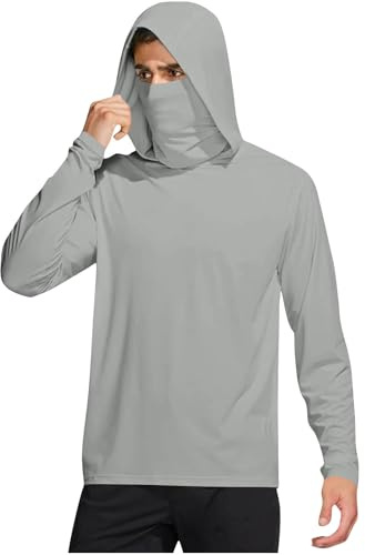 Long Sleeve Sun Shirt Men UPF 50+ Rash Guard Cooling Fishing Blouses with Mask Casual Summer Lightweight Hiking Hoodies