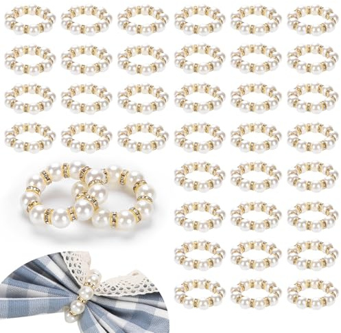 Pearl Napkin Rings Set of 100, Imitation Beaded Serviette Rings Elastic Elegant White and Gold, Wedding Bachelorette Engagement Christmas Tea Theme Party Decorative