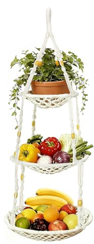 Fruktkorg, hängande & grönsakskorg, makramé, våningar, 3 våningar, bomullsrep, hängande korg för kök, vardagsrum – boho-dekoration, handvävd fruktkorg (73 cm längd) – utrymmesbesparande, väggkorg för