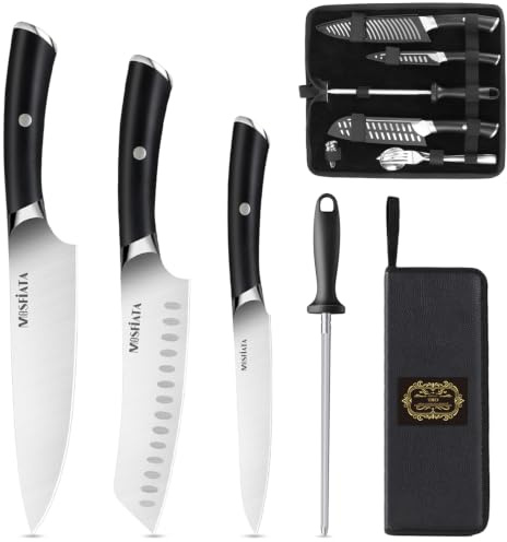 MOSFiATA Kitchen Knife Set with Bag, Portable Sharp Chef Knife Sets, Professional Japanese Santoku Carving Cooking Knives Set & Anti-Slip Handle, Sheaths, Stainless Steel Fork Spoon Sharpener Gift