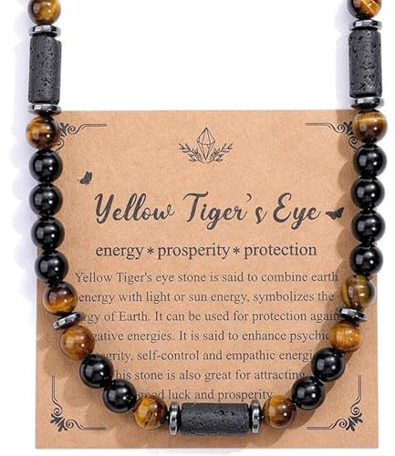 Solbrezeni Mens Necklace Gifts, Obsidian Tiger Eye Hematite Black Necklace For Men, Natural Gemstone Mens Jewellery, Mens Beaded Necklace Gifts For Dad Fathers Day Birthday
