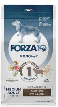 Forza 10 Cane Medium Adult MONO gusto AGNELLO alimento completo monoproteico per cani adulti di taglia media, ipoallergenico, confezione da 1,5kg.
