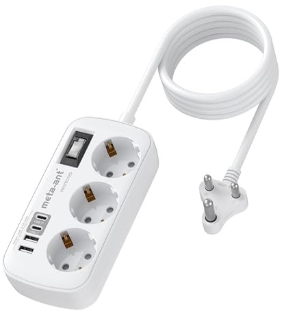 Reiseadapter Indien Steckdosenadapter mit 3-Fach Steckdosen & 4 USB (2 USB-C 3.4A), Schnellladegerät, Typ D Adapter für Indi, Sri Lanka, Nepal, Irak, Madagaskar, Namibia, 1,5m Kabel