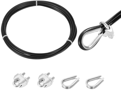 sourcing map 16ft Wire Rope 304 Stainless Steel Cable, 4mm Vinyl Coated with 2pcs Screw Chuck and Thimble for Railing, Decking, Hanging, Clothes Lines, Black 5m