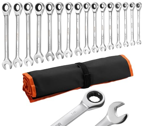 VEVOR Set di Chiavi Combinate a Cricchetto 16 Pezzi, Chiavi a Cricchetto, SAE, Meccanismo a 72 Denti con Profilo Antiscivolo, in Acciaio Cr-V, con Custodia Arrotolabile, per Uso Casa e Auto, Argento