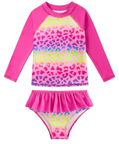 Traje de baño para niña de dos piezas con protección UV, ropa de baño para niños con mangas largas, estampado de tela, traje de baño con protección UV, camiseta UV para niñas de 4 a 10 años, 7-8 años