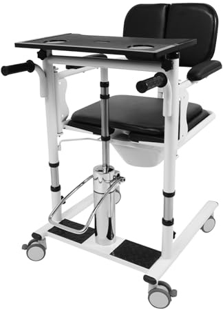 Elevador hidráulico para pacientes, silla de transferencia, 150 kg, altura regulable, silla de ducha con ruedas, silla para inodoro, asiento plegable de 180°, 4 ruedas de freno con bandeja + orinal