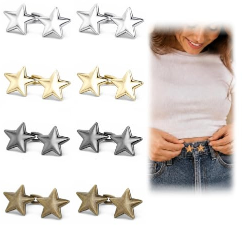 Botones Ajustables para Jeans, 8 Pares Ajustador de Cintura sin Costura | Botones Ajustables con Diseño de Estrella, Sin Costura, para Jeans y Pantalones, Reutilizables, para Apretar Pantalones