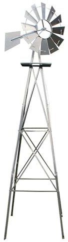 Wiltec Windrad mit 245 cm Höhe, Windmühle in Silberfarben, Windspiel im US-Design, Gartendeko mit kugelgelagertem Texasrad, Rankhilfe für Garten