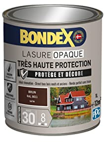 BONDEX - Lasure Opaque Très Haute Protection - Protège et Décore - Direct tous bois - Rendu parfait sans trace - 1 L Lasure Brun