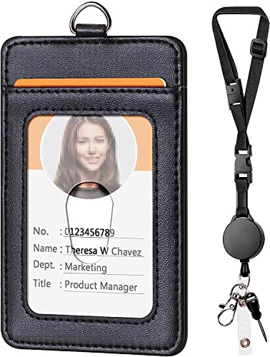 Leather Badge Holder and Adjustable Retractable Lanyards, Black