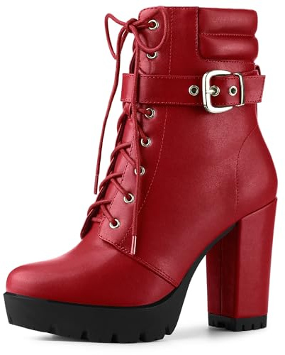 Allegra K Botines de tacón de bloque con cordones y hebilla de plataforma para mujer, Red, 40.5 EU
