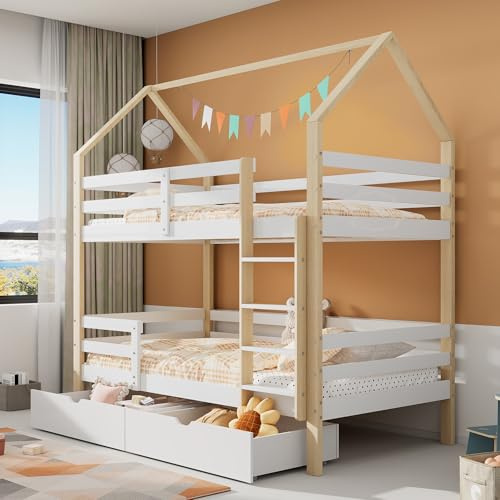 Azkoeesy Litera Infantil en Forma de Casa 90x200 cm para 2 Niños y Adolescentes, Estructura en Madera de Pino, 2 Cajones, Barandilla de Seguridad y Somier, Color Blanco, Ref. N634W0003N
