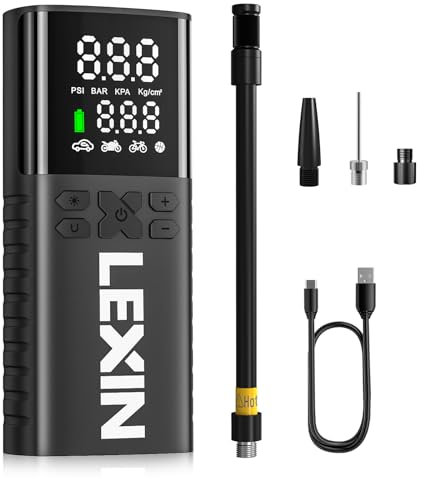 LEXIN P4 Compresseur d'air Portatif 150PSI, Gonfleur Pneus sans Fil 4000mAh, Gonfleur Électrique l'Écran LCD, Puissance Mobile, Pompe de Pneu avec Presta/Schrader pour Moto/Voiture/Vélo/Balle/Scoote
