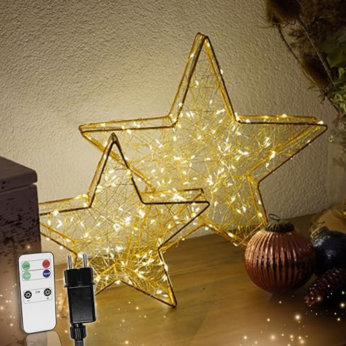 Schauer Strombetriebener LED Weihnachtsstern gold mit Fernbedienung & Timer - dimmbar - Dekostern beleuchtet mit warmweißen LEDs für Innen und Außen Weihnachtsdeko Fensterdeko (120 LEDs - B37xH36xT7)