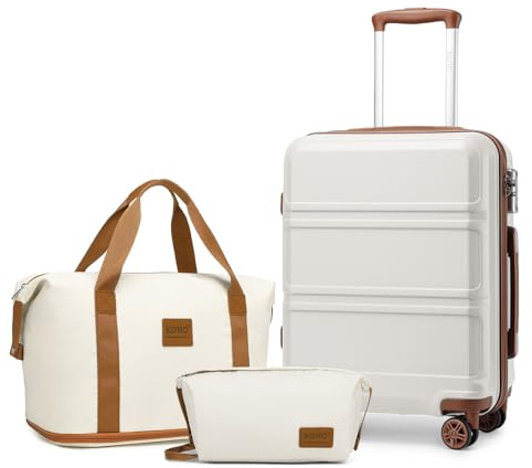 Kono Set de 3 Valises de Voyage Rigide Bagage Cabine 55cm à 4 roulettes et Serrure TSA et Pliable Sac de Voyage pour Sport avec Trousse de Maquillage, Blanc Crème