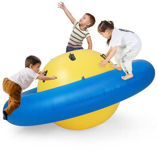 COSTWAY 88'' Inflatable Dome Climbing Rocker, Kids Teeter Totter Seesaw with 6 Handles, Blow Up Giant Rocking Bouncer Ball for Indoor Outdoor