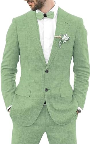 Leader of the Beauty 2 pezzi abiti da uomo in lino abito a due bottoni smoking a punta risvolto slim fit abito testimoni dello sposo abbigliamento casual, Verde salvia, 48