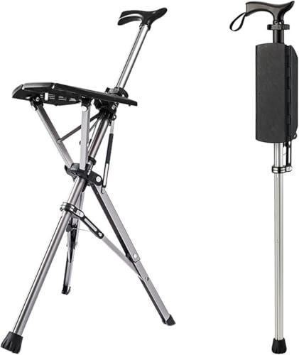 Bastone da passeggio pieghevole a 3 gambe con seduta, sgabello portatile in canna, sedia pieghevole in canna con capacità di 400 libbre, altezza regolabile per uomini anziani, disabili e persone con