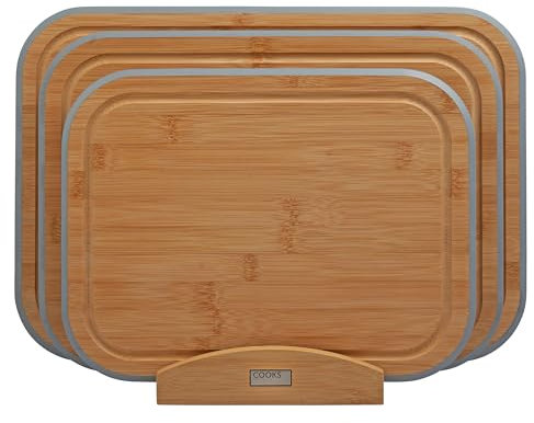 Cooks Professional 3 Piece Bamboo Chopping Board Set with Storage Stand | Durable Wooden Cutting Boards in 3 Sizes for Fruit, Vegetables, Meat, Bread | Grey Edging