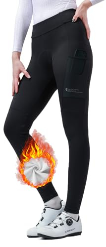 INBIKE 3D-gepolsterte Radhose für Damen, Thermo-Fleece gefüttert, Rennradhose, elastische Fahrradhose mit 2 Taschen, Schwarz, M