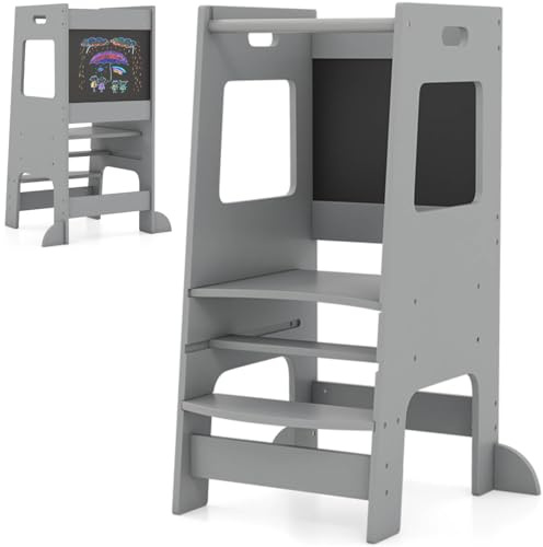 Maxmass Kids Learning Tower, Toddler Step Stool with Chalkboard, Adjustable Height Step and Safety Rail, Wooden Kitchen Helper for Children (Grey)