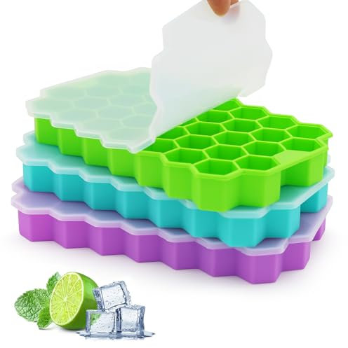 Azyh Vassoi per cubetti di ghiaccio per congelatore con coperchio, 37 griglie in silicone con coperchio, per piccoli stampi per cubetti di ghiaccio, cubetti di ghiaccio riutilizzabili a facile