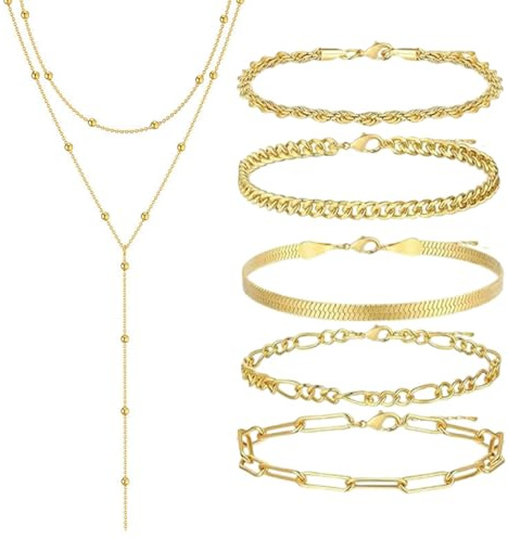 FENQURO 6 Pcs Chaîne longue en Y pour femmes-Collier multi-rangs en acier inoxydable, Bracelet, Bijoux pour femmes, Chaîne longue élégante pour femmes, Ensemble de chaînes, Bijoux simples
