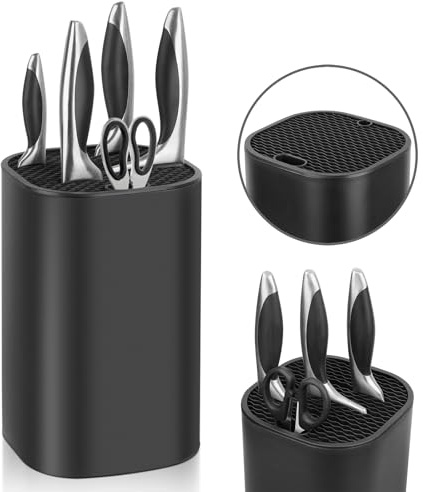 Voency Knife Block Without Knives,Universal Knife Block Holder with Scissors Slot, Sharpening Bar Slot,Detachable Kitchen Knife Holder for Easy Cleaning Space Saver Black