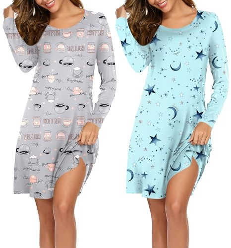 Ekouaer 2 Pack Nightgown for Women UK Nighties Long Sleeve Nightshirt Soft Nightdresses Solid/Printed Sleepwear Star+Coffee L