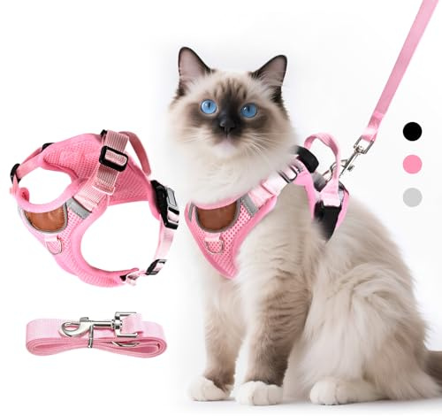 LUOJINYI Verstellbares Katzengeschirr mit Leine Ausbruchsicher, Katze Brustgeschirr mit Reflektierend Streifen & Atmungsaktiv Netzgewebe, Softgeschirr für Katzen Kätzchen Welpen (Rosa, S)